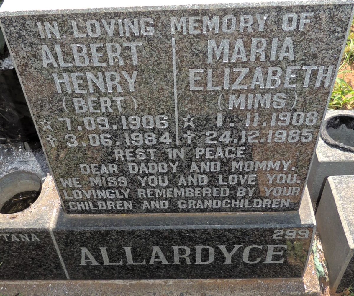 ALLARDYCE Albert Henry 1906-1984 & Maria Elizabeth 1908-1985
