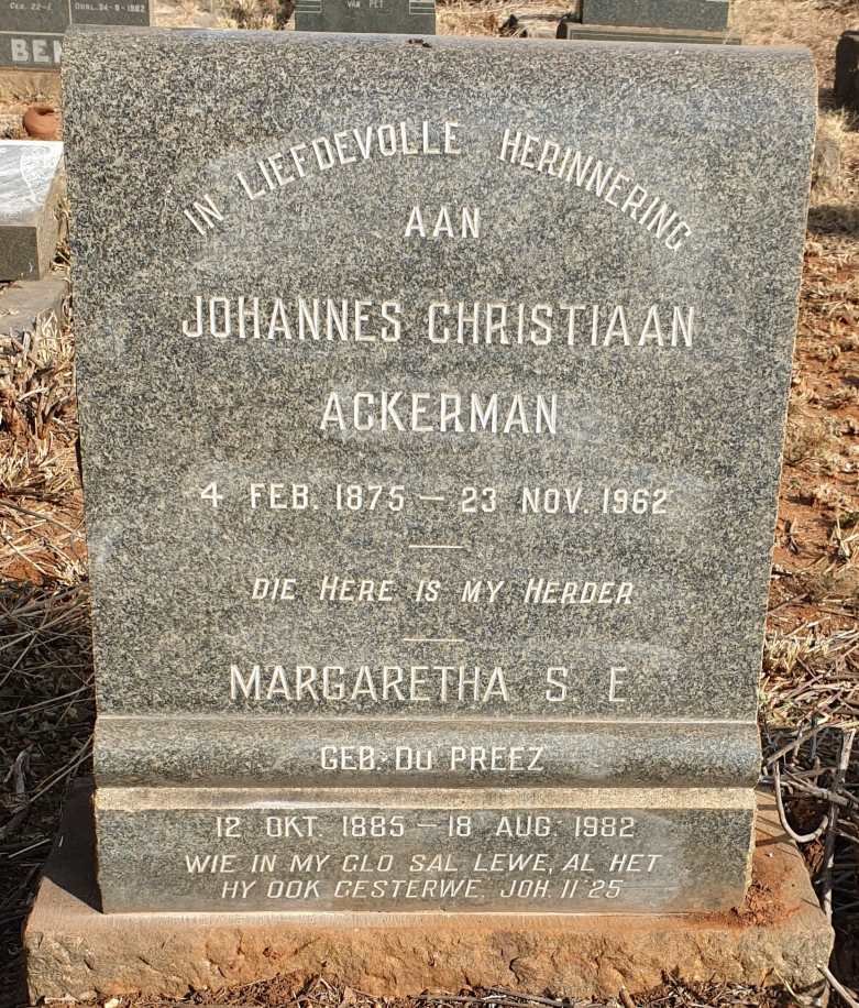 ACKERMAN Johannes Christiaan 1875-1962 & Margaretha S.E. DU PREEZ 1885-1982