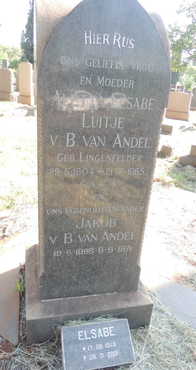 ANDEL Jacob, v.B. van 1898-1971 & Aletta Elsabe Luitje LINGENFELDER 1904-1965 :: ? Elsabe 1948-2001