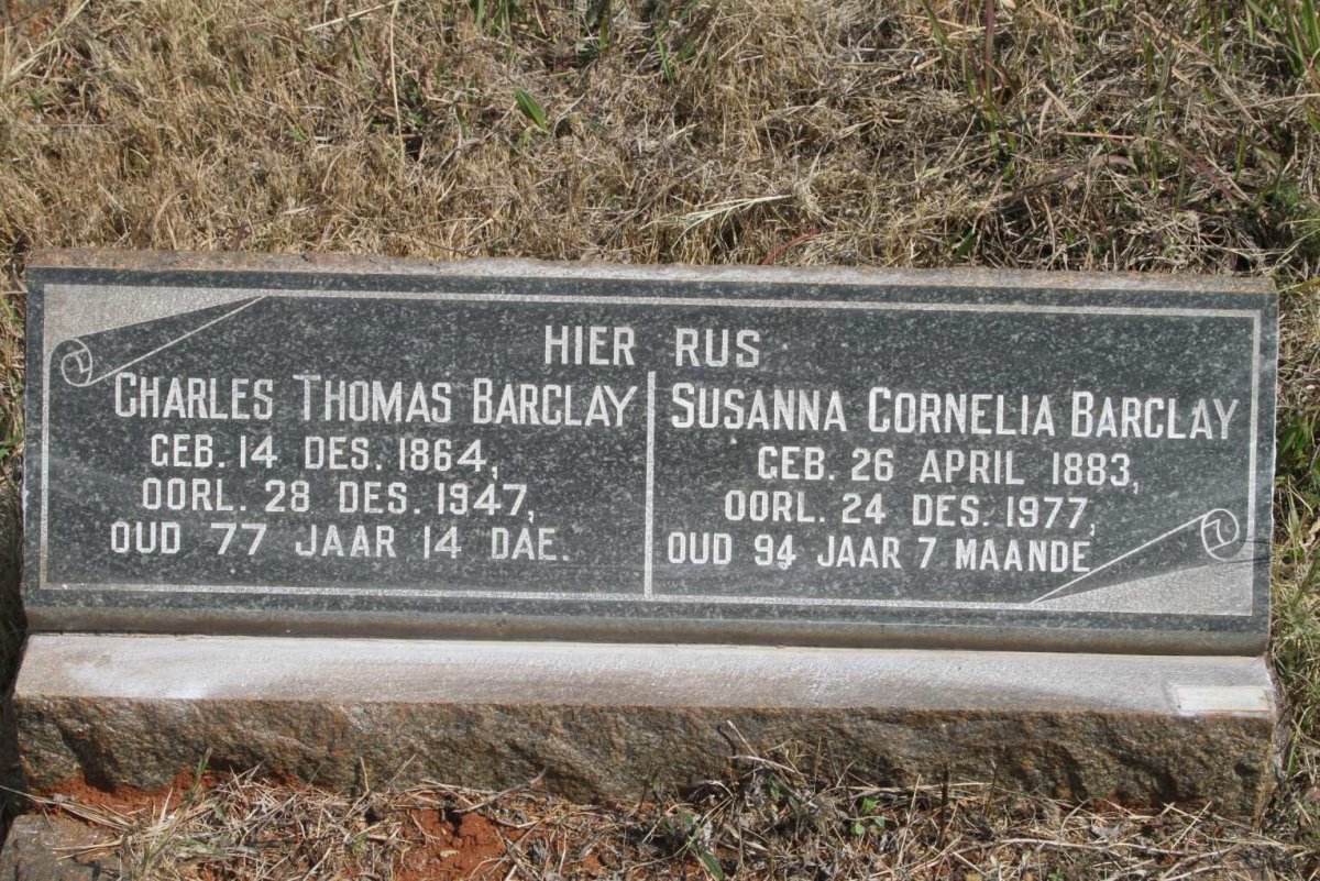 BARCLAY Charles Thomas 1864-1947 &amp; Susanna Cornelia 1883-1977