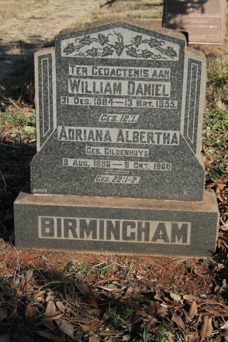 BIRMINGHAM William Daniel 1884-1955 &amp; Adriana Albertha GILDENHUYS 1886-1960