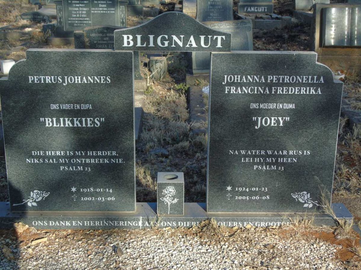 BLIGNAUT Petrus Johannes 1918-2002 & Johanna Petronella Francina Frederika 1924-2005