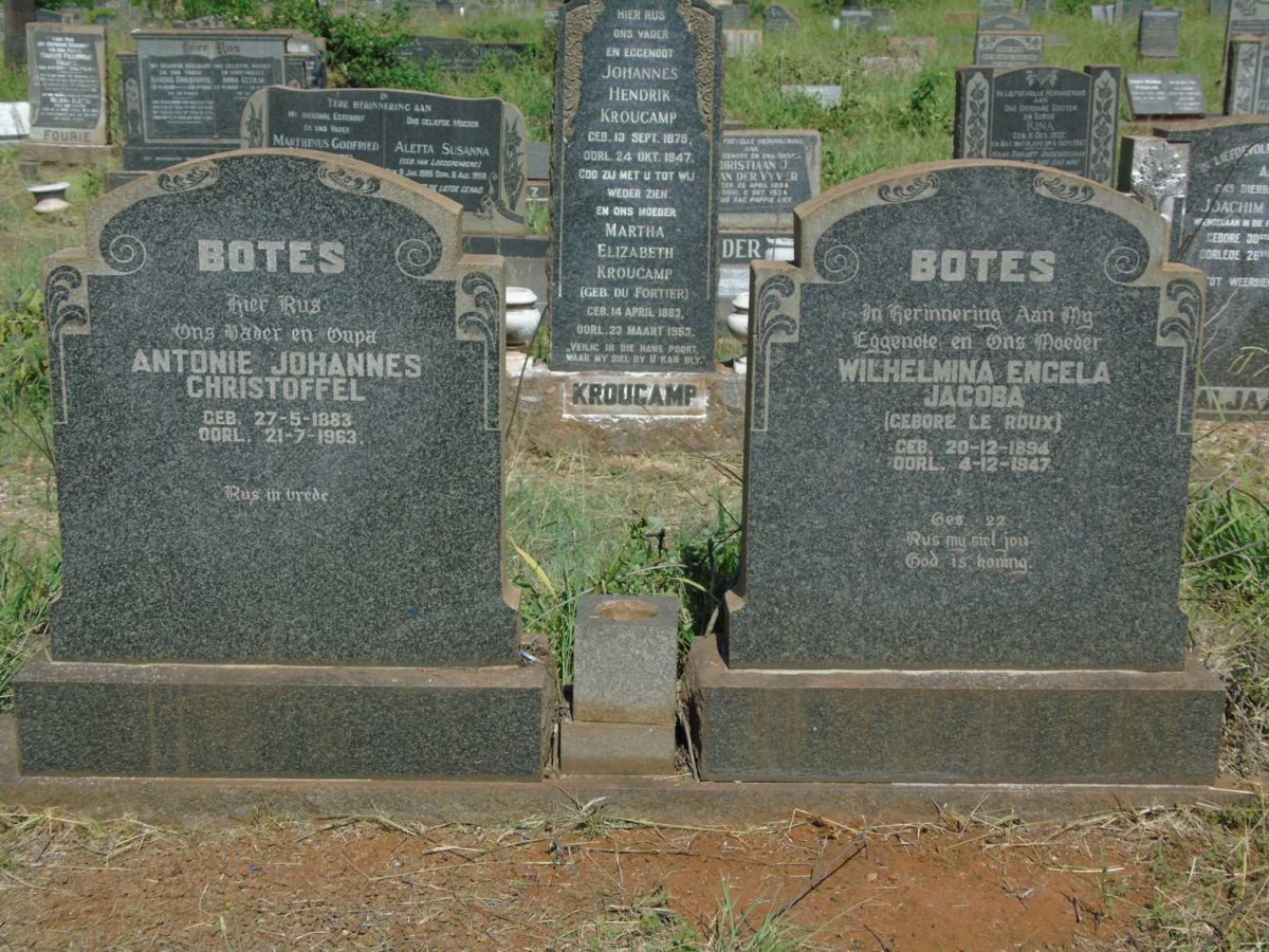 BOTES Antonie Johannes Christoffel 1883-1963 & Wilhelmina Engela Jacoba LE ROUX 1894-1947