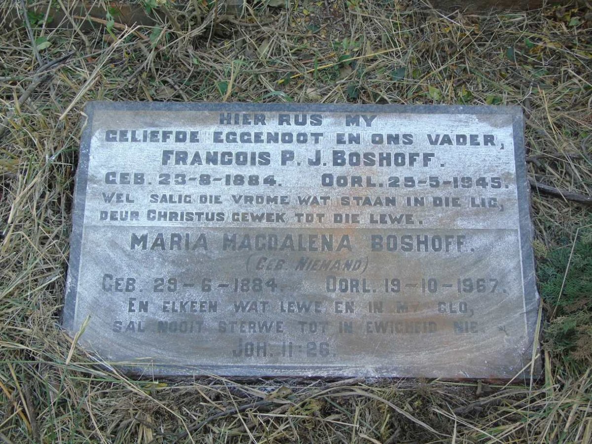BOSHOFF Francois P.J. 1884-1945 & Maria Magdalena NIEMAND 1884-1967