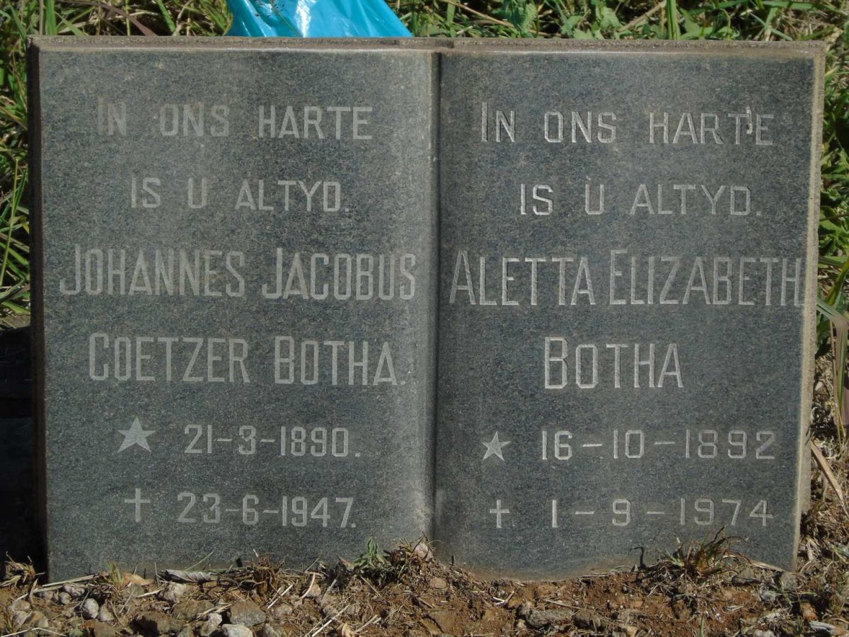 BOTHA Johannes Jacobus Coetzer 1890-1947 & Aletta Elizabeth 1892-1974
