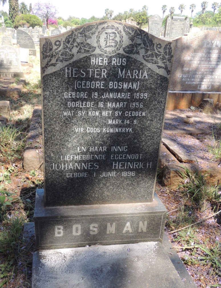 BOSMAN Johannes Heinrich 1896- &amp; Hester Maria BOSMAN 1899-1956