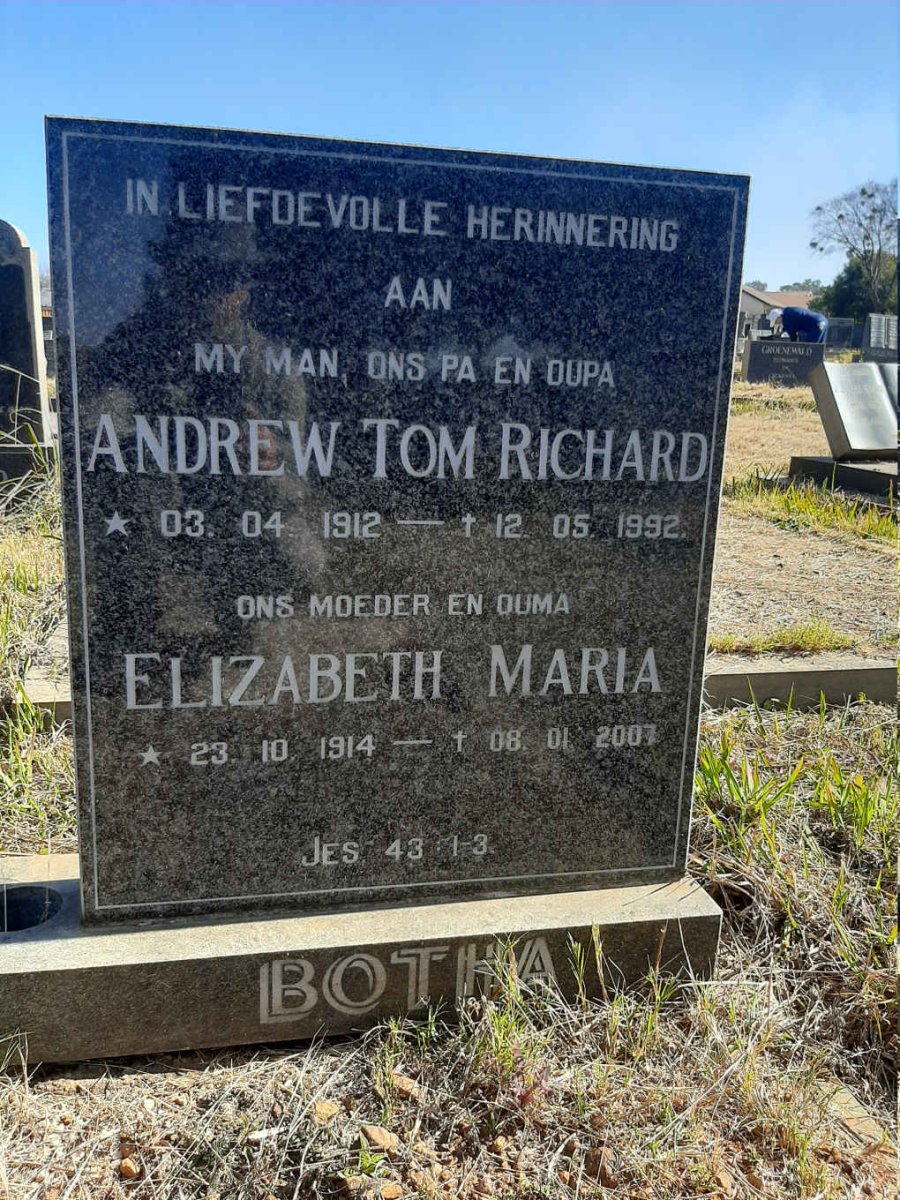 BOTHA Andrew Tom Richard 1912-1992 &amp; Elizabeth Maria 1914-2007