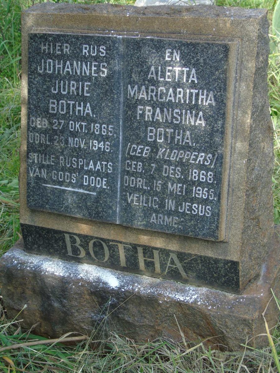 BOTHA Johannes Jurie 1865-1946 & Aletta Margaritha Frasina KLOPPERS 1868-1955