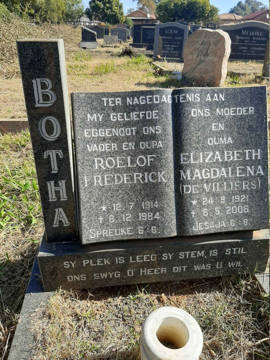 BOTHA Roelof Frederick 1914-1984 &amp; Elizabeth Magdalena DE VILLIERS 1921-2006