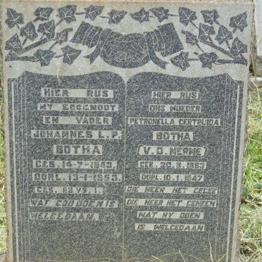 BOTHA Johannes L.P. 1883-1953 & Petronella Gertruida V.D. MERWE 1883-1947