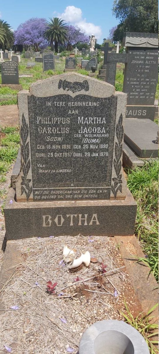 BOTHA Philippus Carolus 1891-1957 &amp; Martha Jacoba WOLMARANS 1892-1978