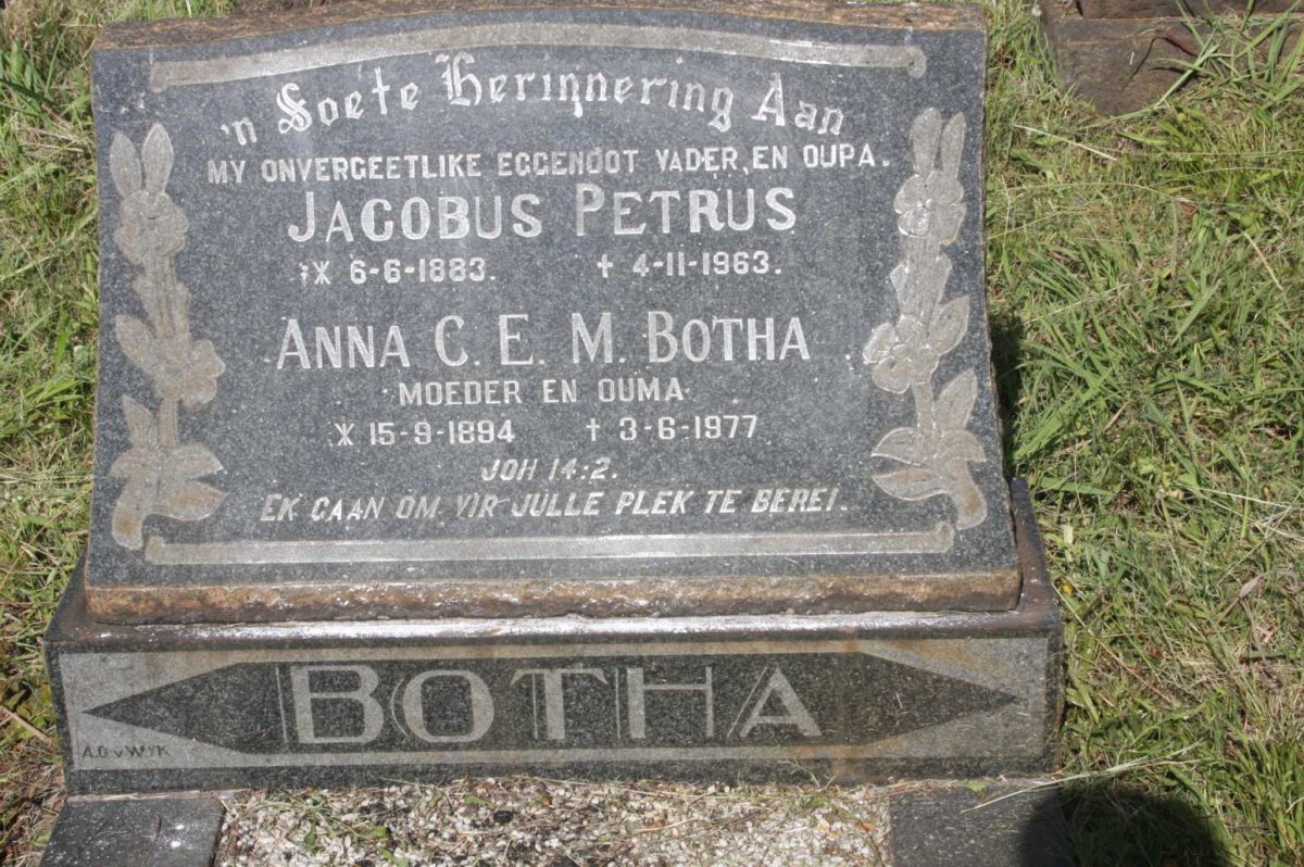 BOTHA Jacobus Petrus 1883-1963 &amp; Anna C.E.M. 1894-1977