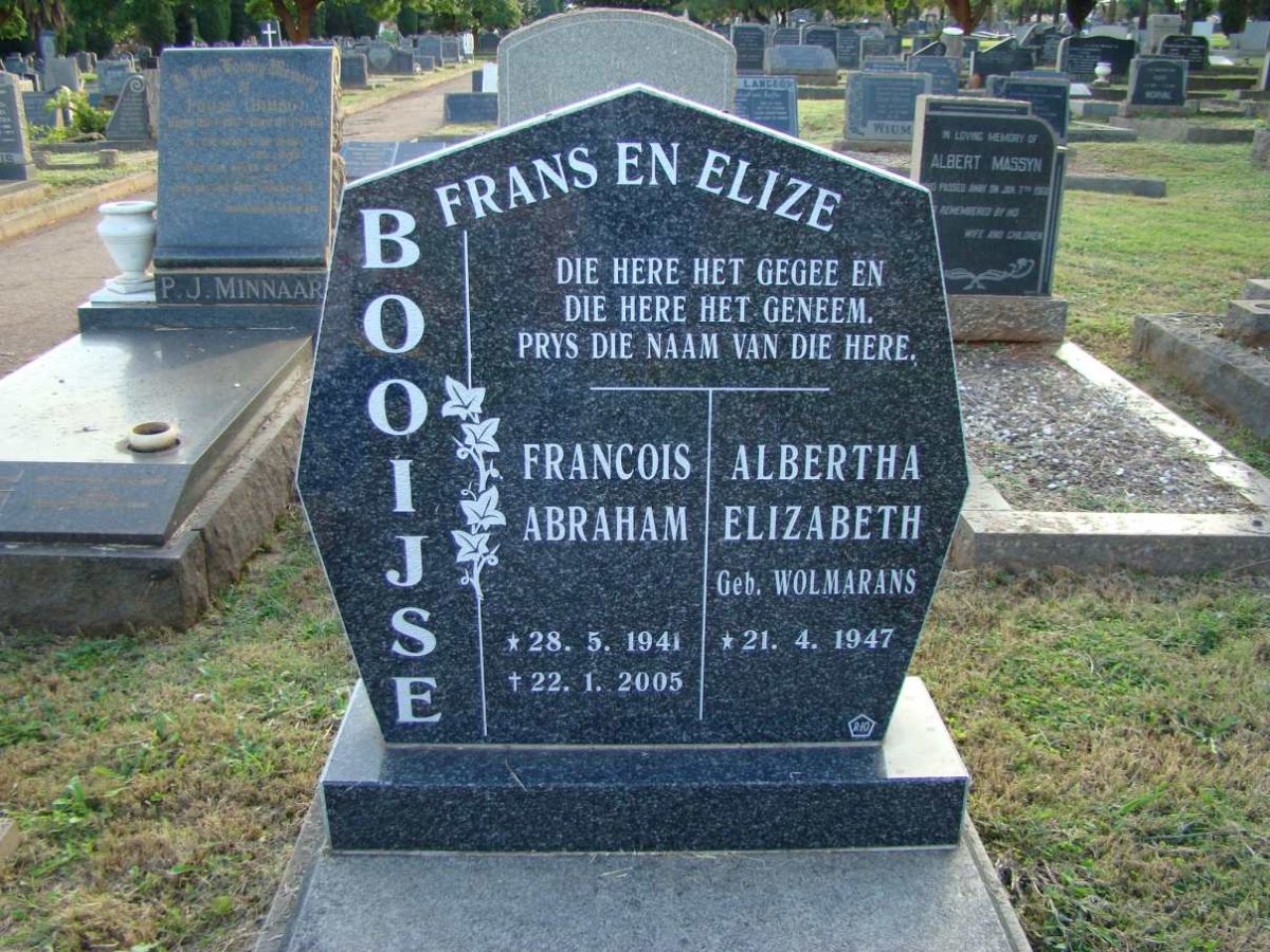 BOOIJSE Francois Abraham 1941-2005 &amp; Albertha Elizabeth WOLMARANS 1947-
