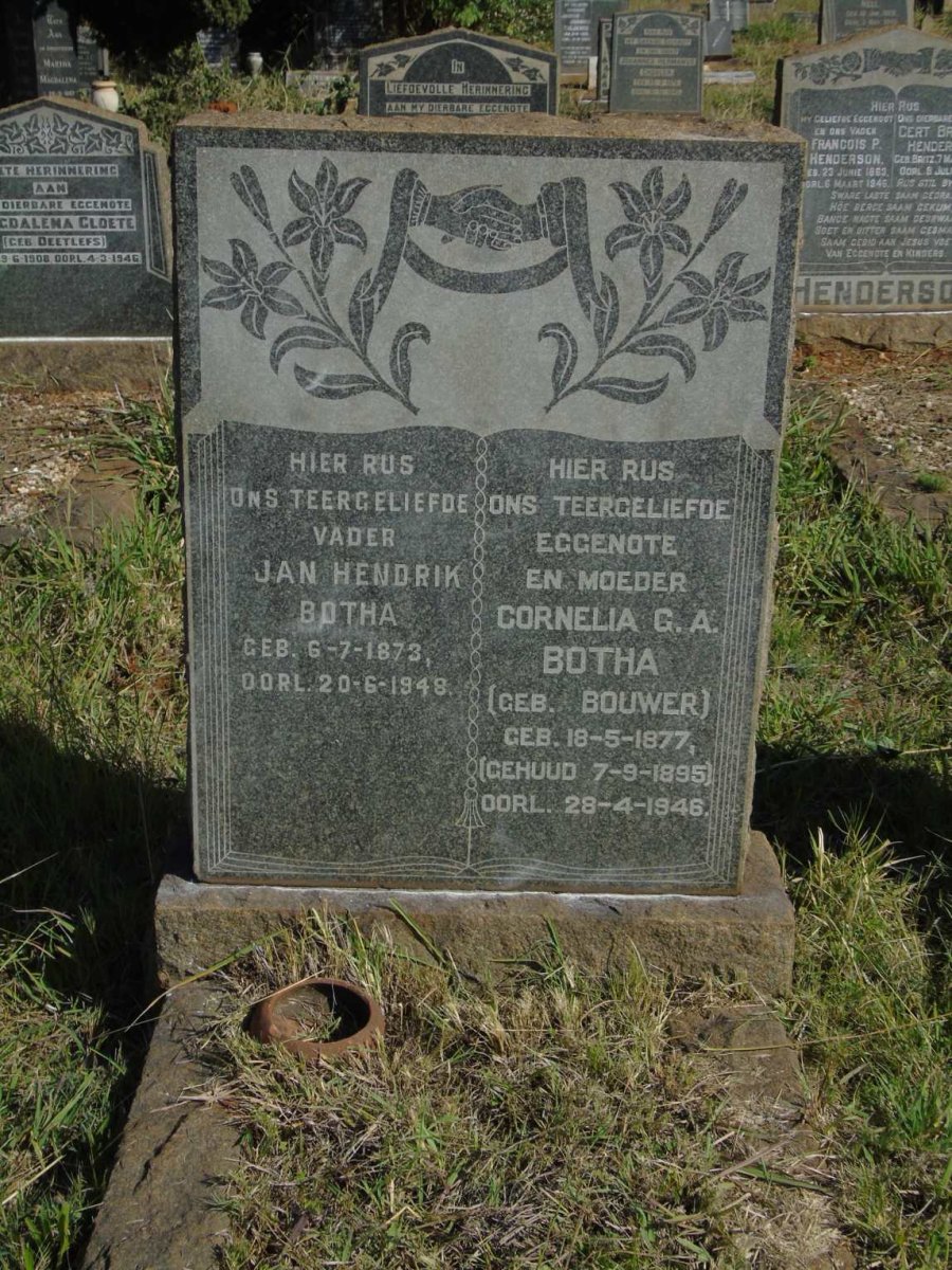 BOTHA Jan Hendrik 1873-1948 & Cornelia G.A. BOUWER 1877-1946