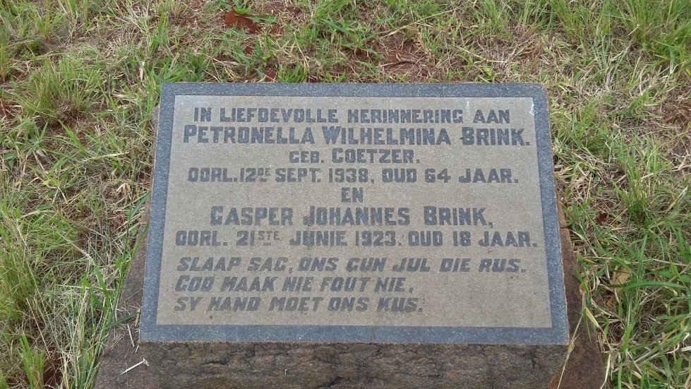 BRINK Petronella Wilhelmina nee COETZER -1938 :: BRINK Casper Johannes -1923