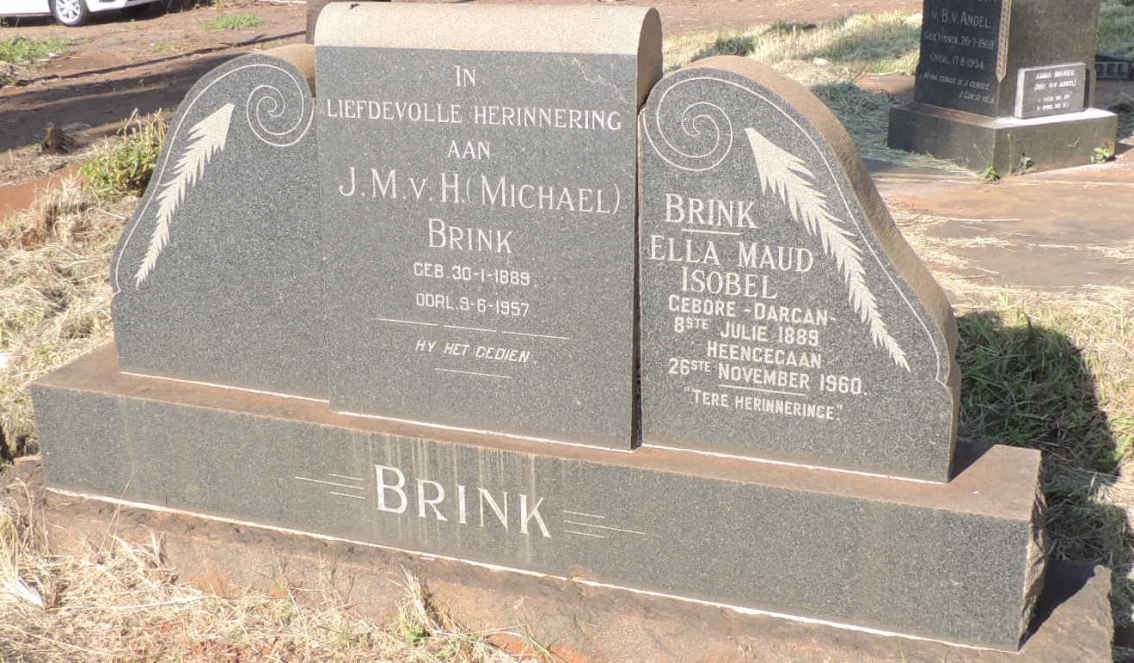 BRINK J.M.v.H. 1889-1957 &amp; Ella Maud Isobel DARGAN 1889-1960