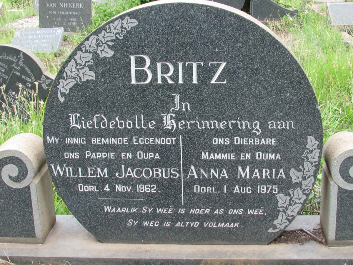 BRITZ Willem Jacobus -1962 &amp; Anna Maria -1975