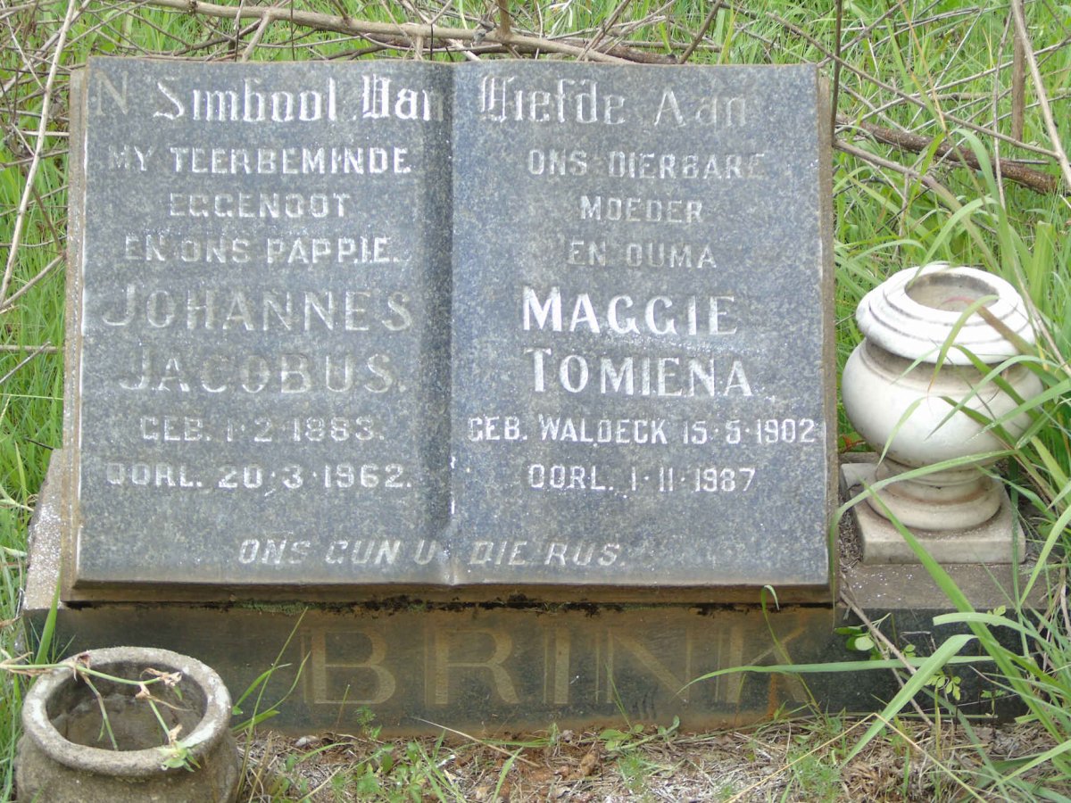 BRINK Johannes Jacobus 1883-1962 &amp; Maggie Tomiena WALDECK 1902-1987
