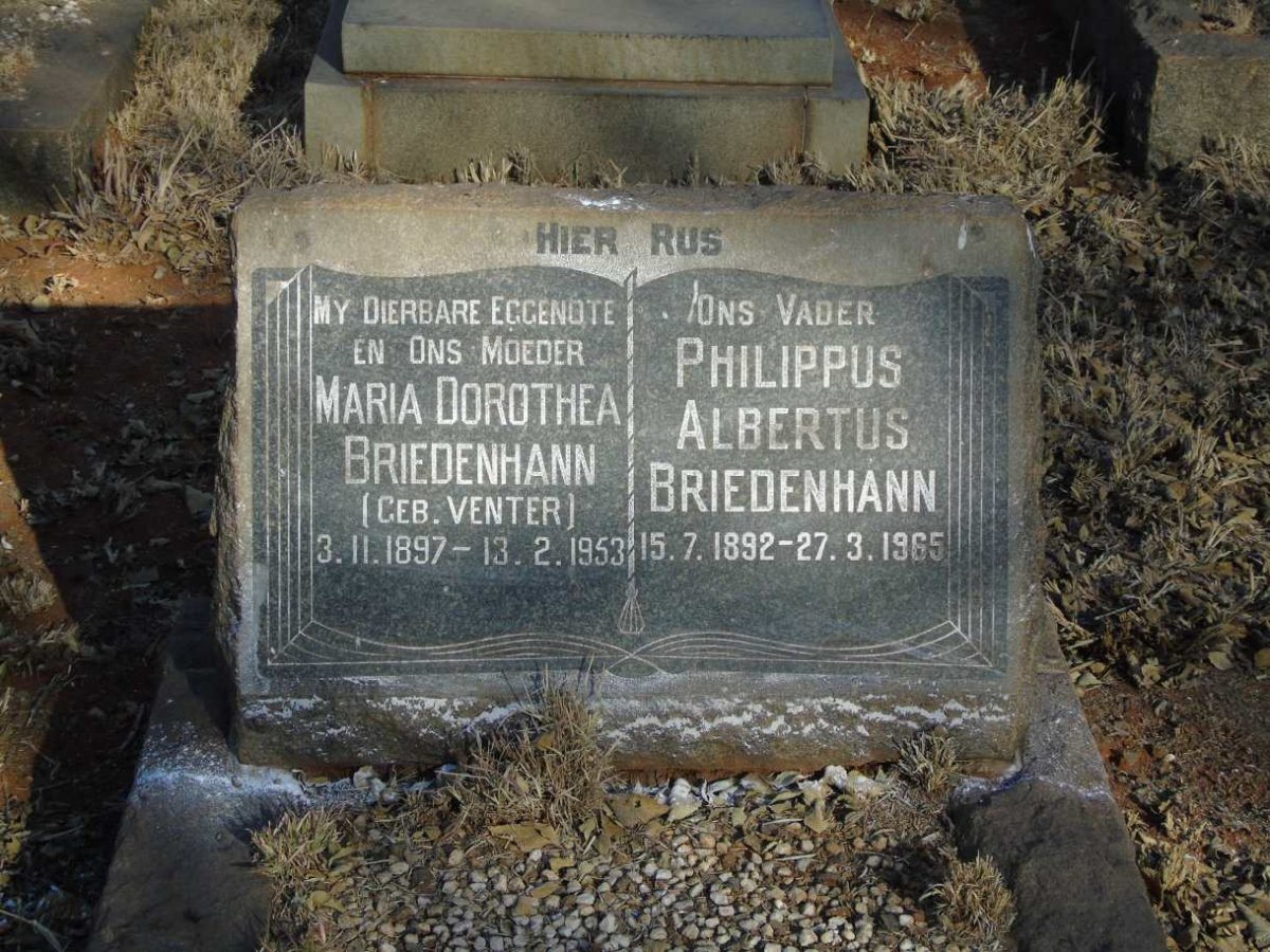 BRIEDENHANN Philippus Albertus 1892-1965 & Maria Dorothea VENTER 1897-1953