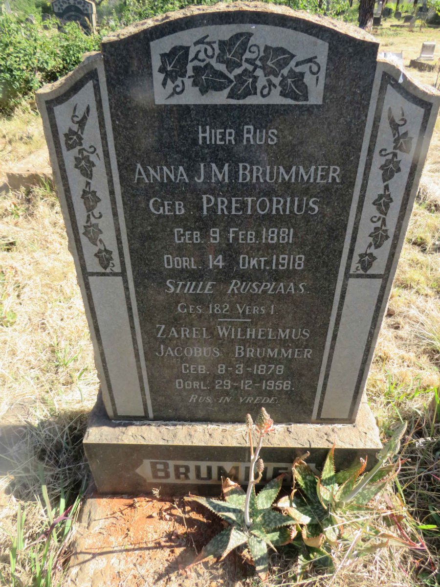 BRUMMER Zarel Wilhelmus Jacobus 1878-1956 & Anna J.M. PRETORIUS 1881-1918
