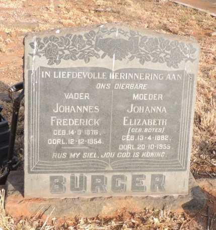 BURGER Johannes Frederick 1876-1954 & Johanna Elizabeth BOTES 1882-1955