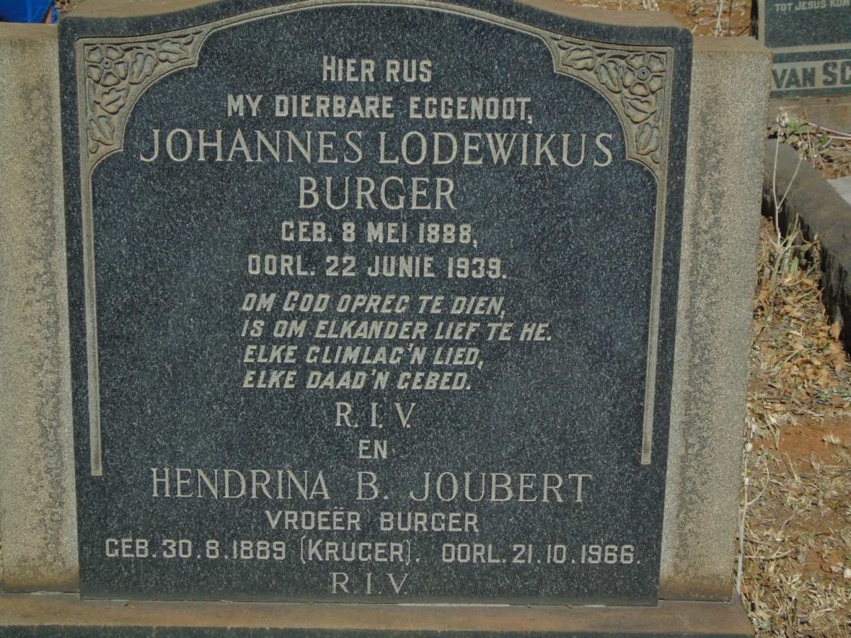 BURGER Johannes Lodewikus 1888-1939 & Hendrina B. JOUBERT nee KRUGER -1966