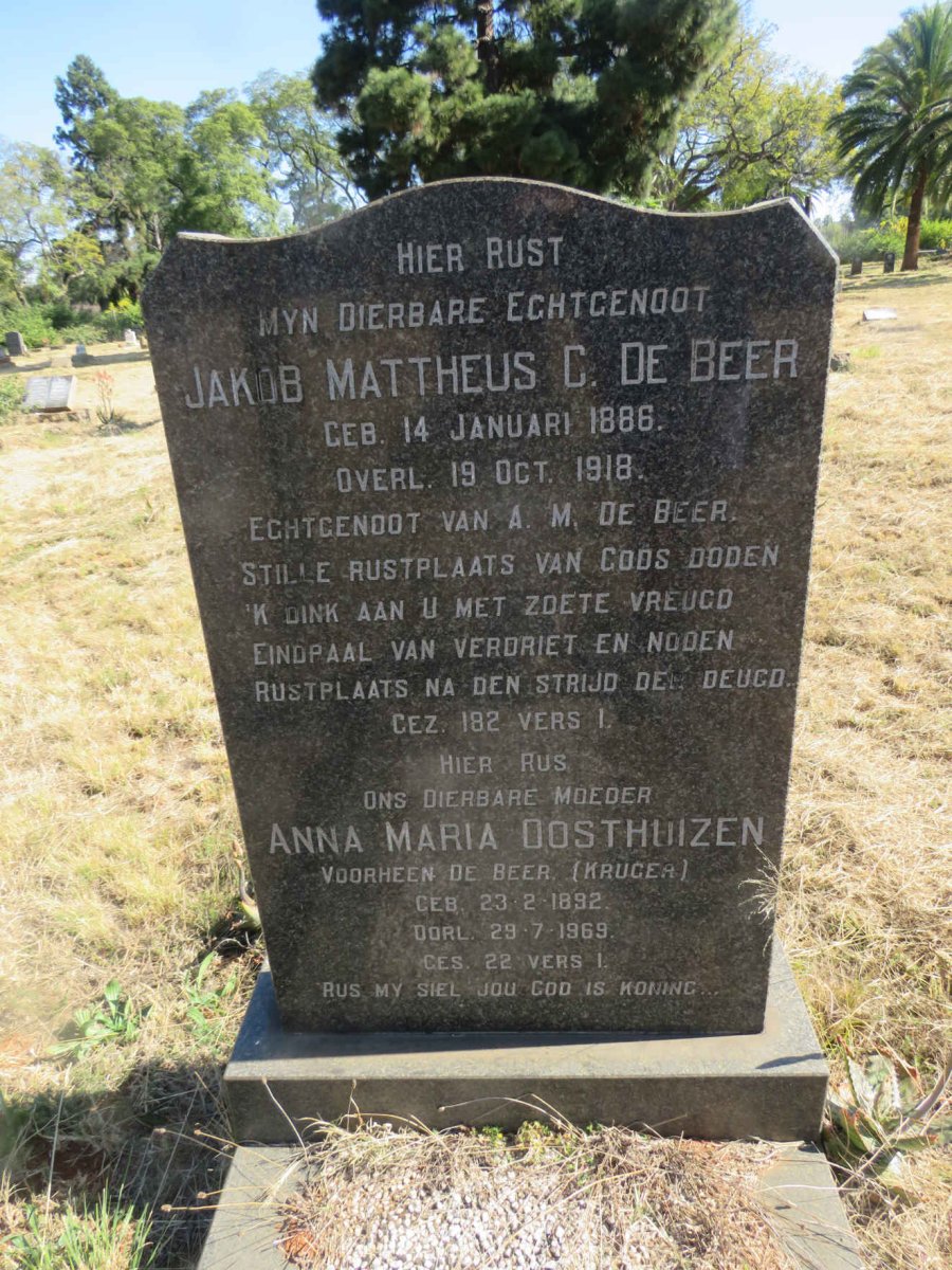 BEER Jakob Mattheus C., de 1886-1918 & Anna Maria OOSTHUIZEN nee KRUGER 1892-1969