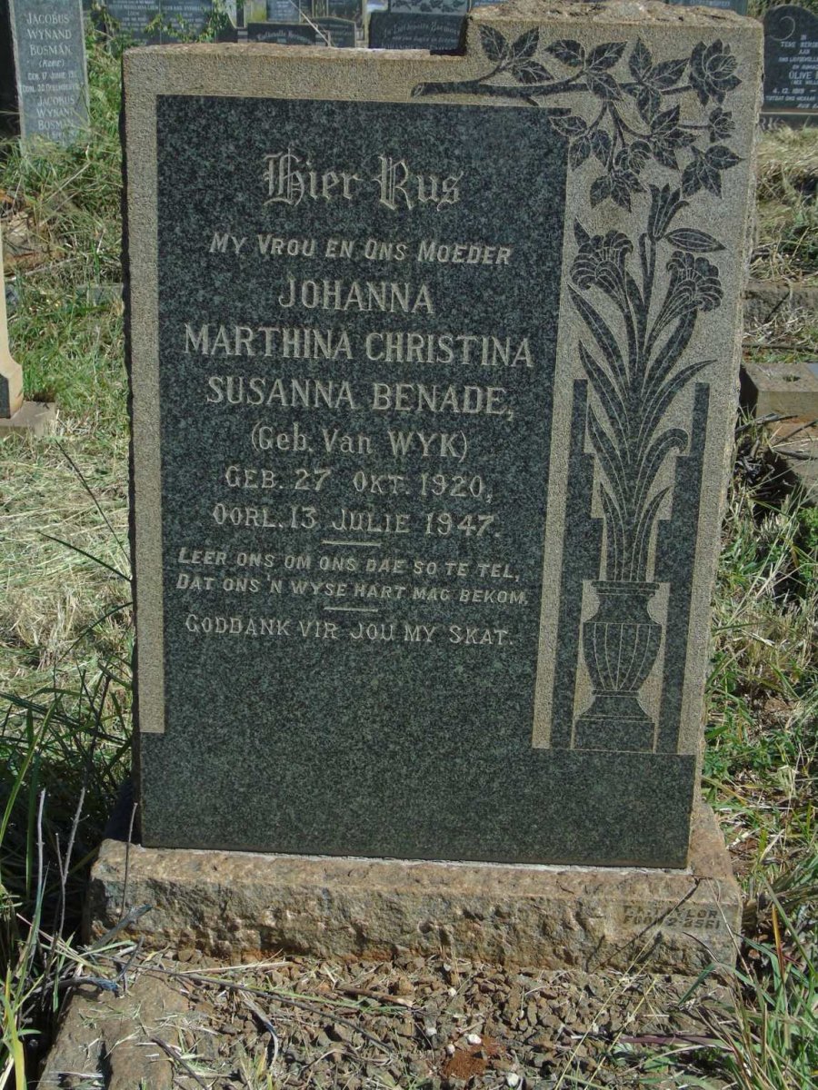 BENADE Johanna Marthina Christina Susanna nee VAN WYK 1920-1947