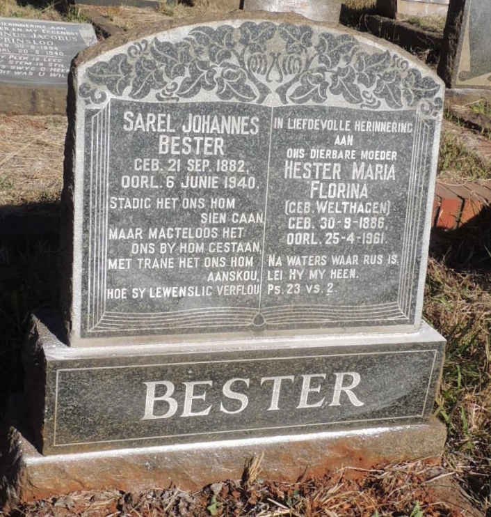 BESTER Sarel Johannes 1882-1940 &amp; Hester Maria Florina WELTHAGEN 1886-1961