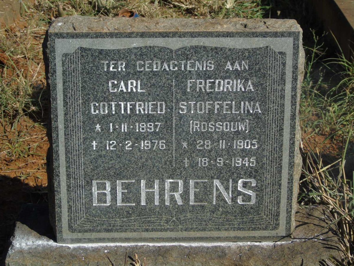 BEHRENS Carl Gottfried 1897-1976 & Fredrika Stoffelina ROSSOUW 1905-1945