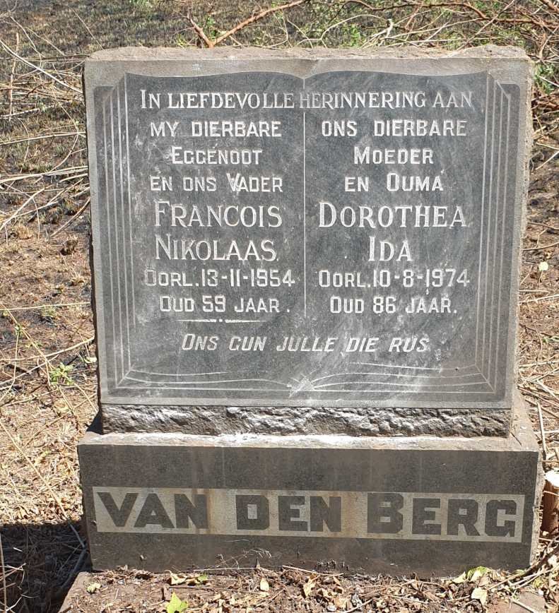 BERG Francois Nikolaas, van den -1954 &amp; Dorothea Ida  -1974