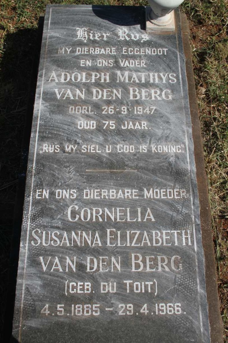 BERG Adolph Mathys, van den -1947 & Cornelia Susanna Elizabeth DU TOIT 1885-1966