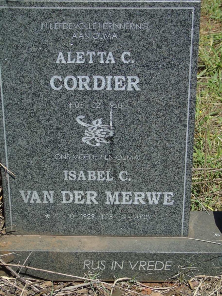 CORDIER Aletta C. -1950 :: VAN DER MERWE Isabel C. 1929-2000