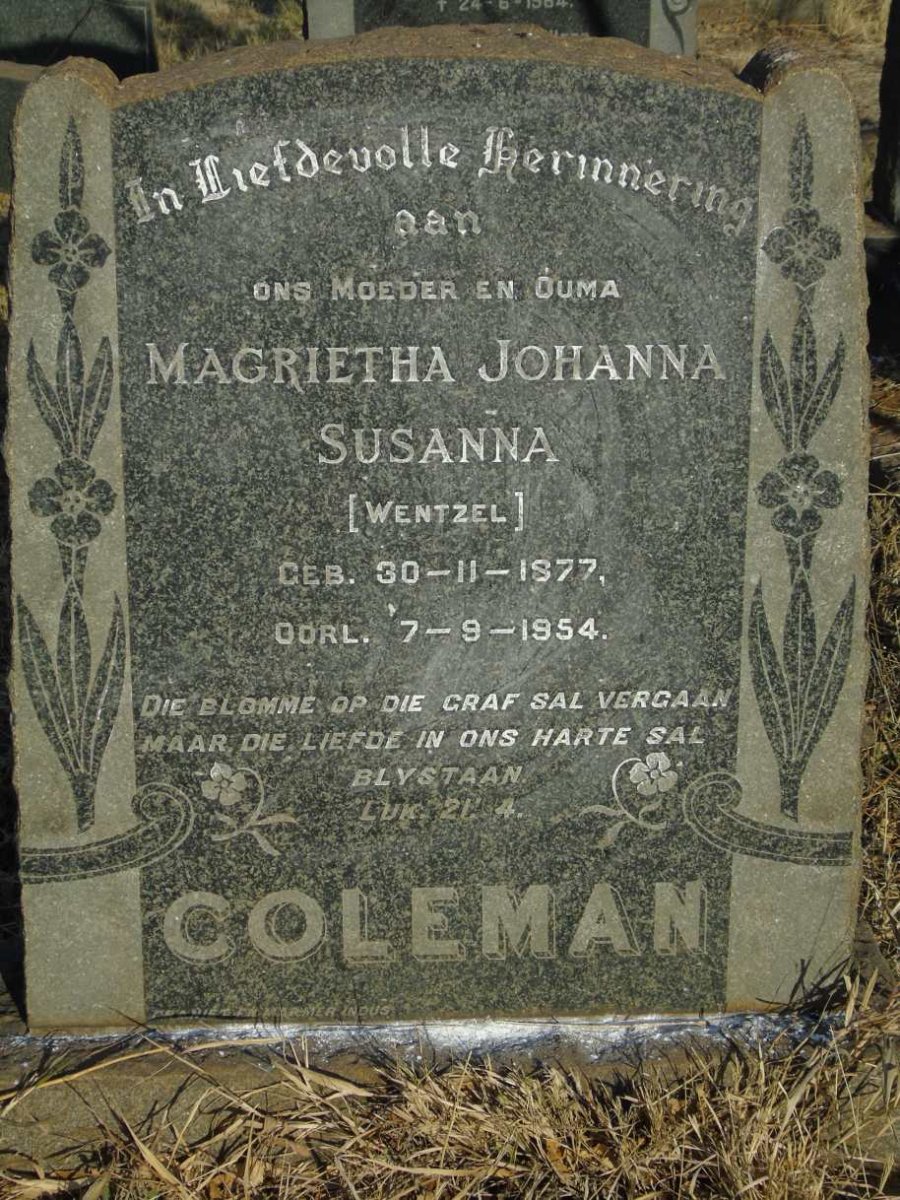 COLEMAN Magrietha Johanna Susanna nee WENTZEL 1877-1954