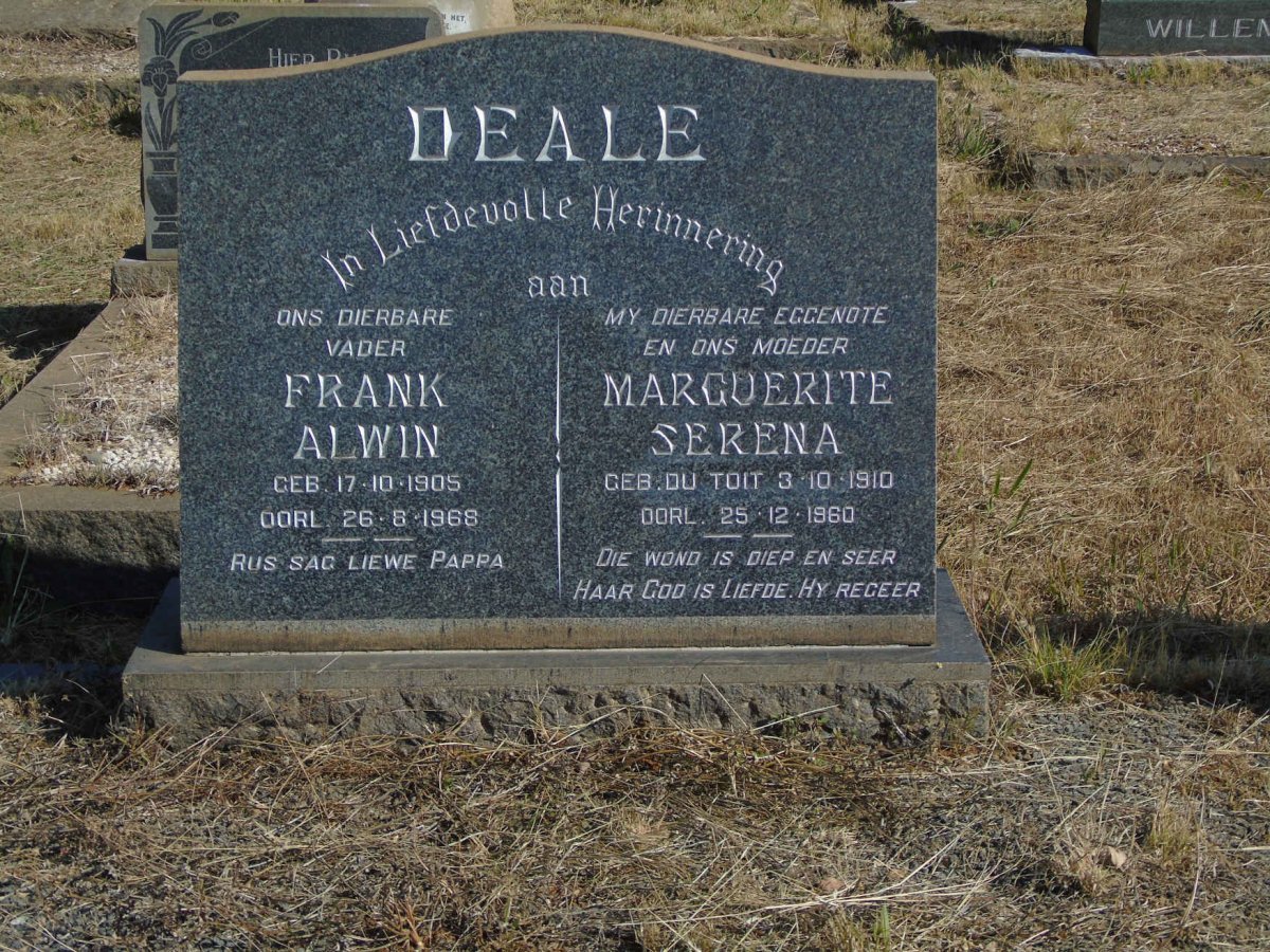 DEALE Frank Alwin 1905-1968 &amp; Marguerite Serena DU TOIT 1910-1960