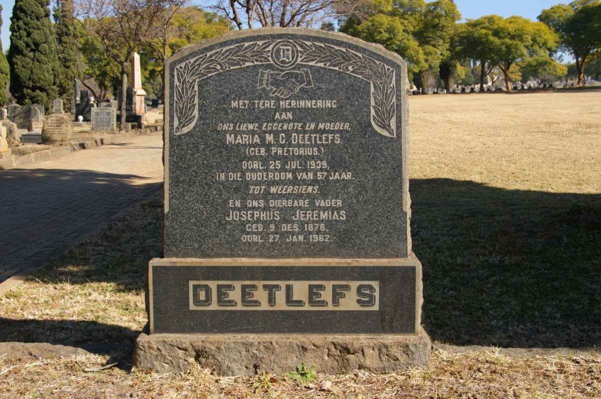 DEETLEFS Josephus Jeremias 1876-1962 &amp; Maria M.C. PRETORIUS -1939