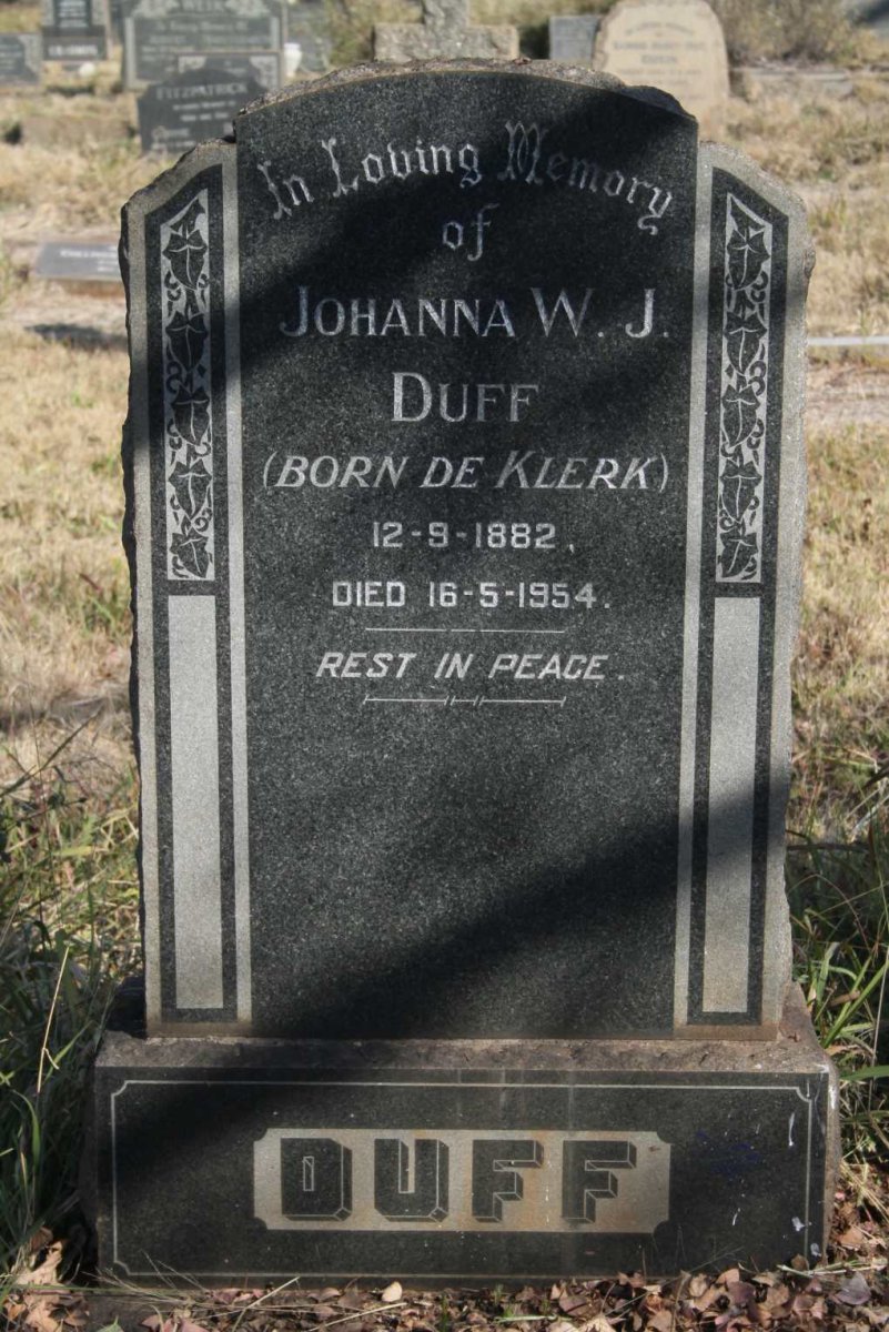 DUFF Johanna W.J. nee DE KLERK 1882-1954