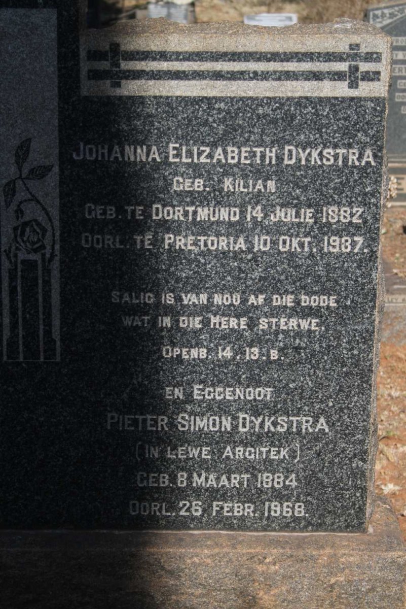 DYKSTRA Pieter Simon 1884-1968 & Johanna Elizabeth KILIAN 1882-1937