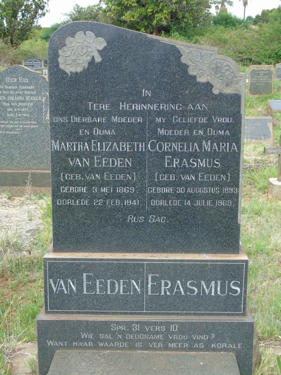 EEDEN Martha Elizabeth, van nee VAN EEDEN 1869-1941 :: ERASMUS Cornelia Maria nee VAN EEDEN 1893-1969