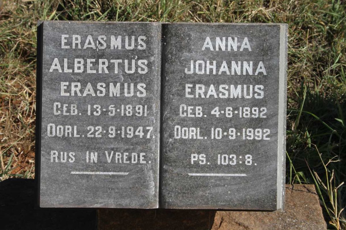 ERASMUS Erasmus Albertus 1891-1947 & Anna Johanna 1892-1992