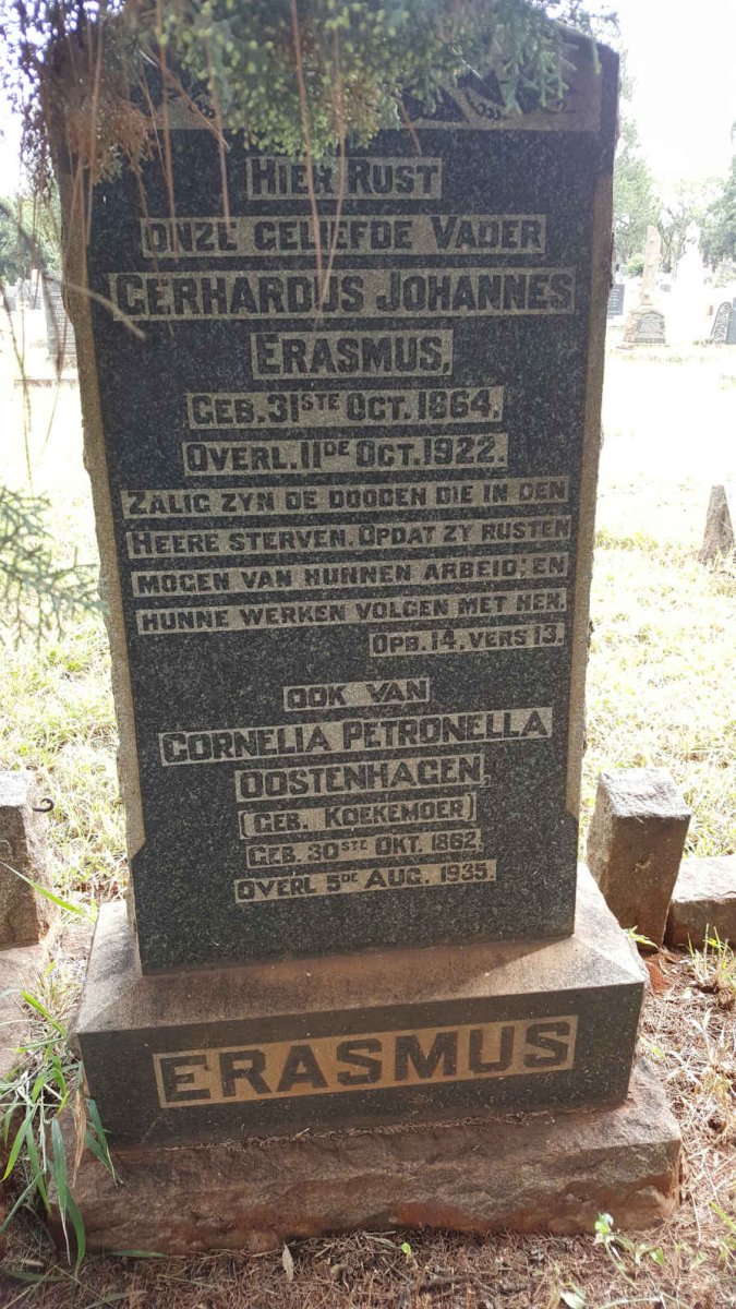 ERASMUS Gerhardus Johannes 1864-1922 :: OOSTENHAGEN Cornelia Petronella nee KOEKEMOER 1862-1935