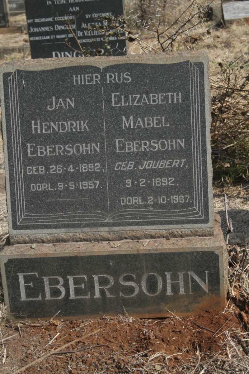 EBERSOHN Jan Hendrik 1892-1957 & Elizabeth Mabel JOUBERT 1892-1967