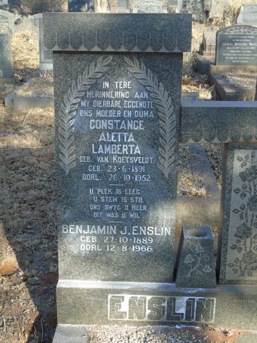 ENSLIN Benjamin J. 1889-1966 & Constance Aletta Lamberta VAN KOETSVELDT 1891-1952