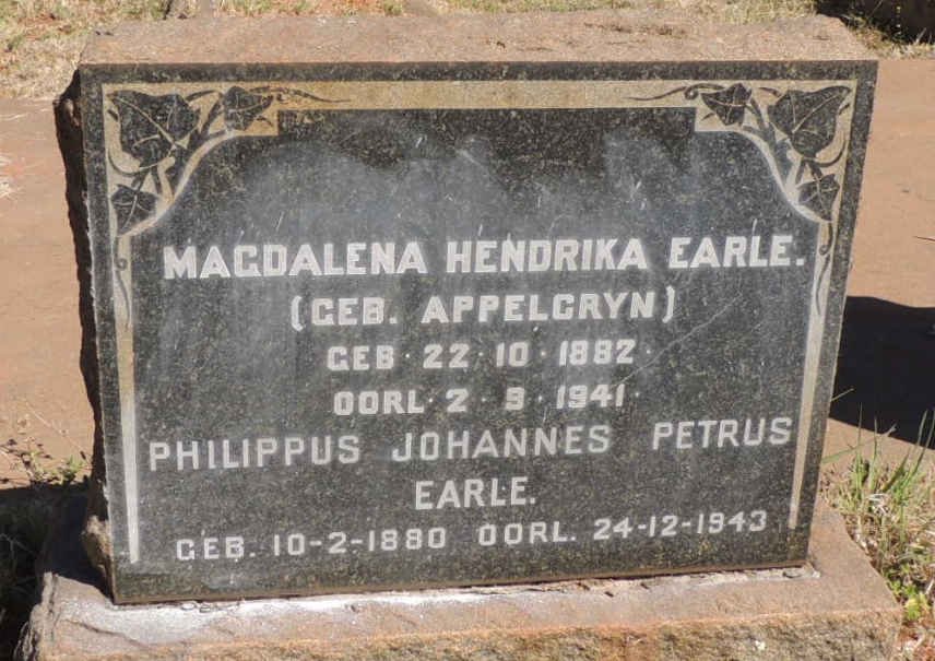 EARLE Philippus Johannes Petrus 1880-1943 &amp; Magdalena Hendrika APPELGRYN  1882-1941