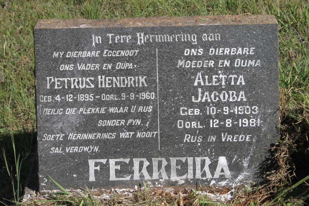 FERREIRA Petrus Hendrik 1895-1960 & Aletta Jacoba 1903-1981