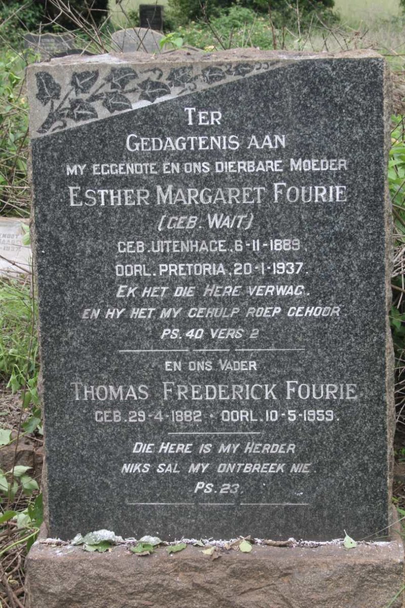 FOURIE Thomas Frederick 1882-1959 & Esther Margaret WAIT 1889-1937