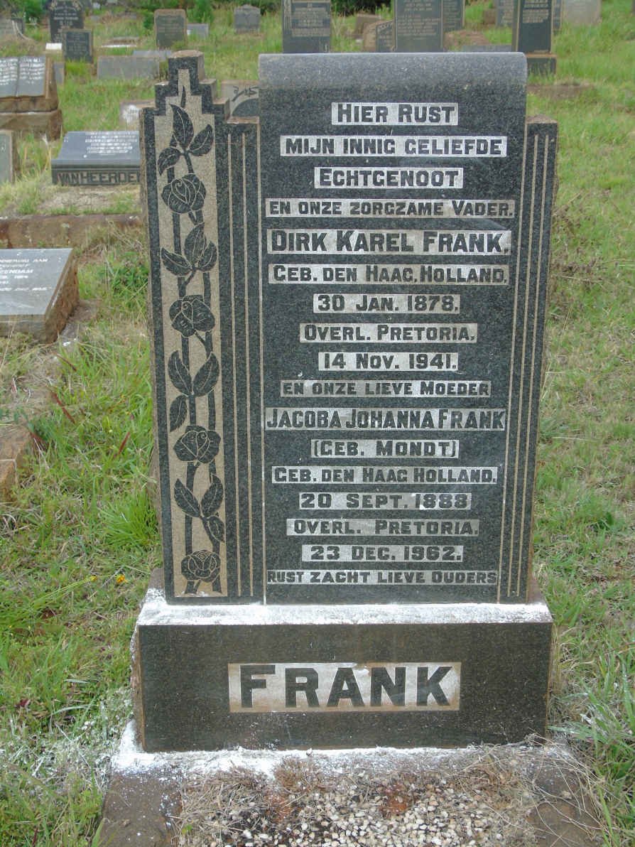 FRANK Dirk Karel 1878-1941 &amp; Jacoba Johanna MONDT 1888-1962
