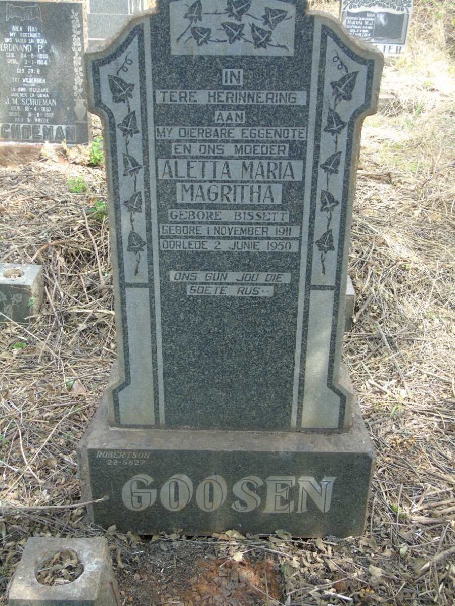 GOOSEN Aletta Maria Magritha nee BISSETT 1911-1950