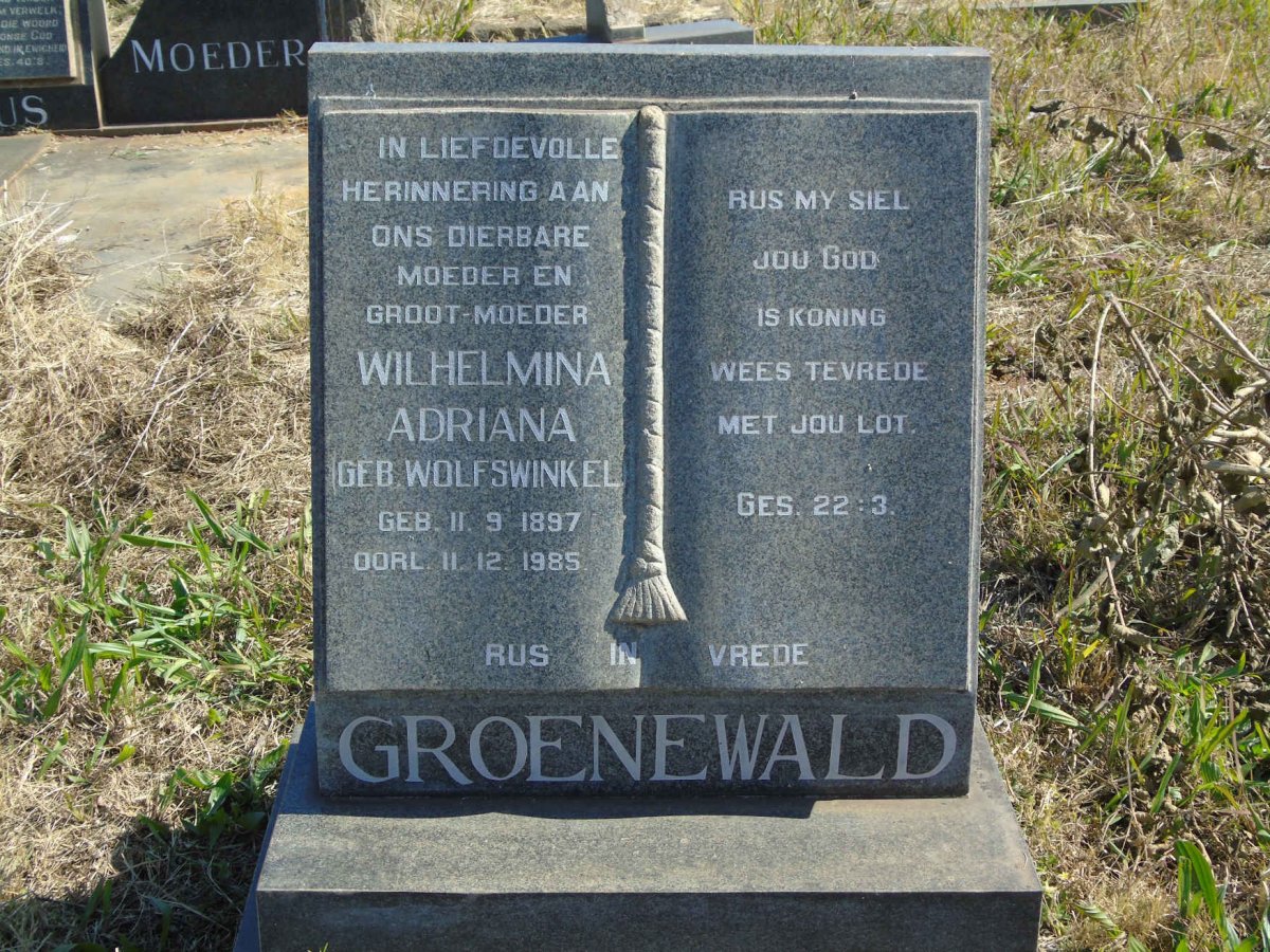 GROENEWALD Wilhelmina Adriana nee WOLFSWINKEL 1897-1985