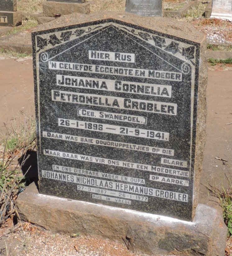 GROBLER Johannes Nicholaas Hermanus 1887-1977 &amp; Johanna Cornelia Petronella SWANEPOEL 1896-1941
